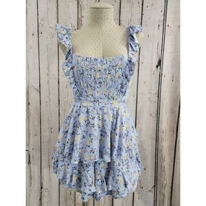 Mika & Gala Women's 10 Blue Floral Ruffle Tie Back Gusseted Romper One Piece EUC